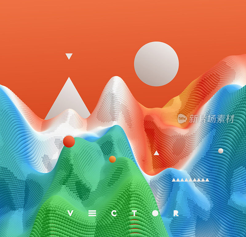山水与山和月亮。多山的地形。3 d抽象背景。未来的矢量插图。